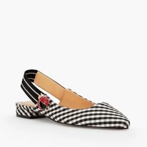 TALBOTS Edison Gingham Slingback Flats Ladybug Charm Black White Sz 9